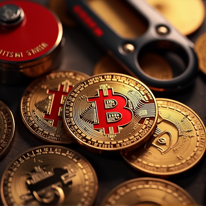 The image showcases a close-up view of shiny golden Bitcoin coins with a red Bitcoin symbol on them, surrounded by a few tools.