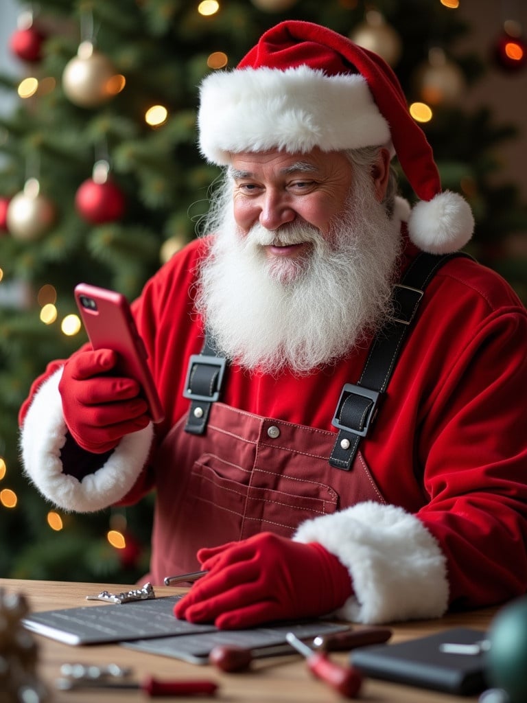 A festive poster with Santa Claus as a mobile repair technician. Santa wears red overalls and a Santa hat while holding a red smartphone. The smartphone displays a Merry Christmas message. Tools like screwdrivers are on a repair mat. A decorated Christmas tree with lights and ornaments is in the background. The scene promotes mobile repair services during the holiday season.