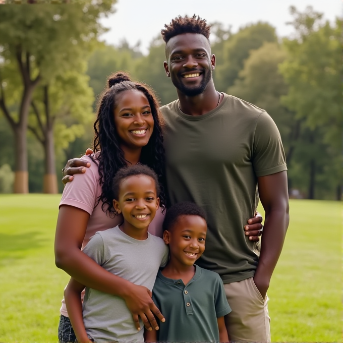 A smiling family of four poses together in a lush, green park setting.