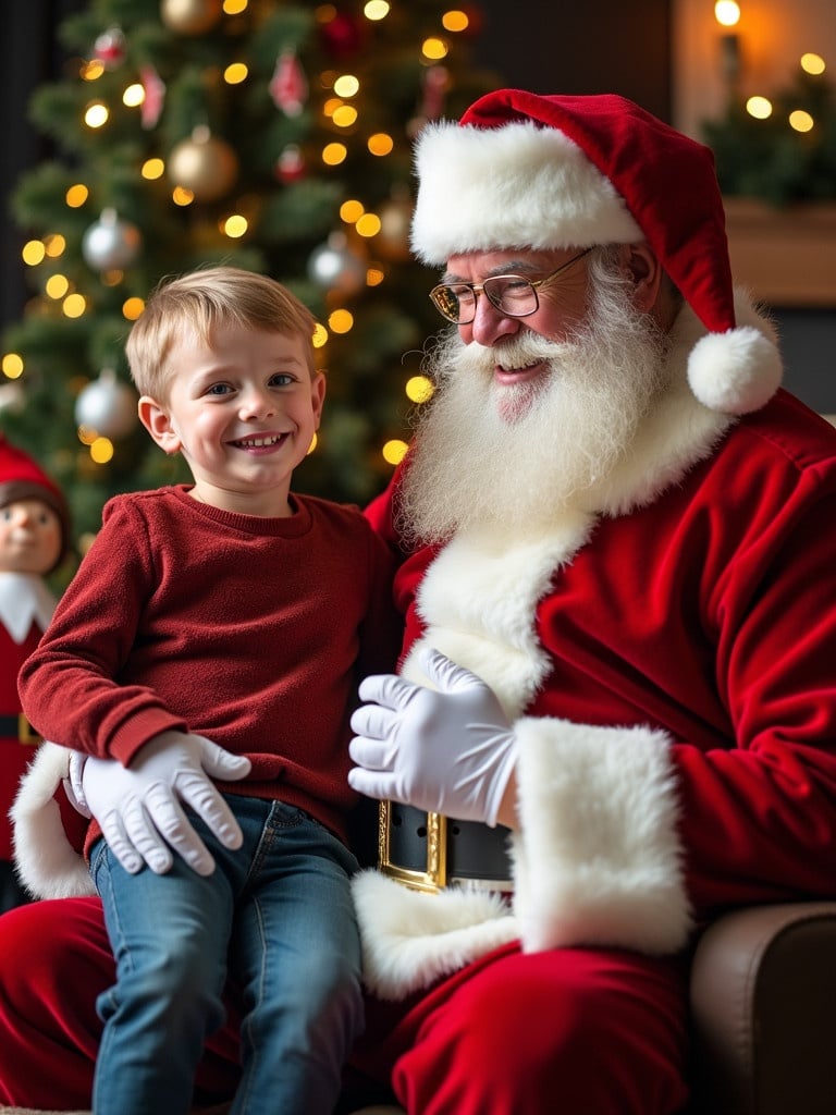 A boy is sitting on a Santa Claus's lap. The background features a decorated Christmas tree. An elf is present in the scene. It is a festive Christmas setting.