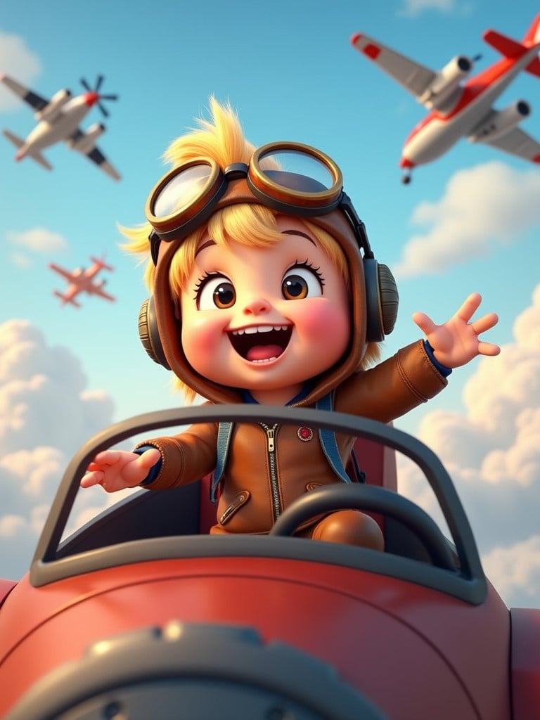 Cheerful cartoon baby pilot in a brown leather jacket sits in an airplane cockpit. Pilot has fluffy blonde hair and goggles. Background features multiple airplanes flying in clear blue sky with fluffy clouds. Image conveys joy and adventure.