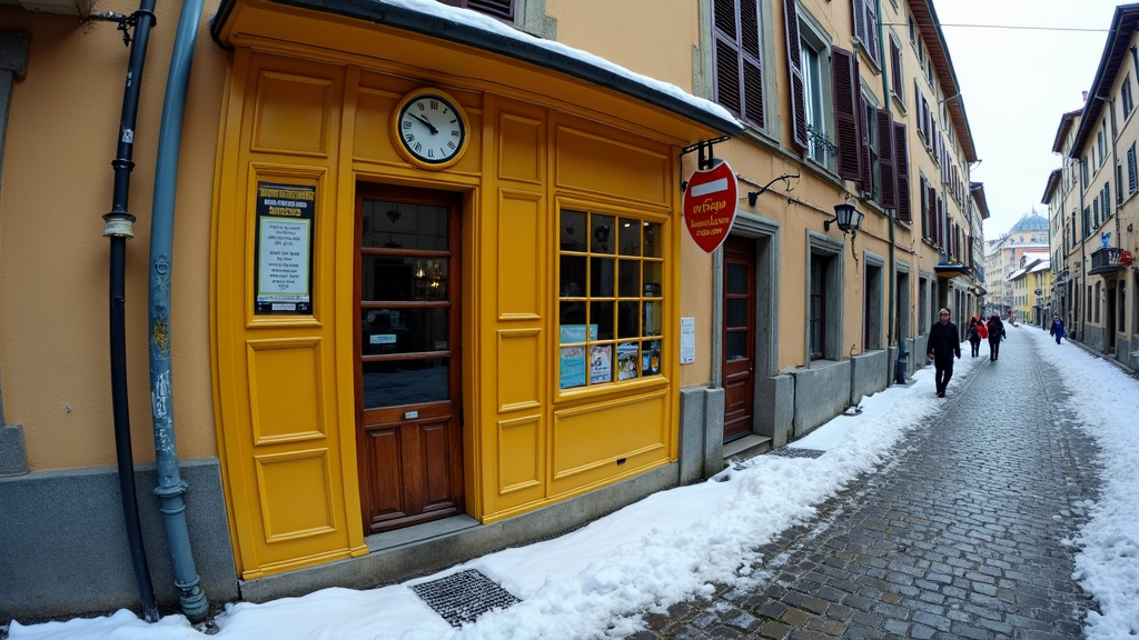 A narrow cobblestone street in winter, flanked by brick buildings, one with a vibrant yellow facade and a clock above the door, while pedestrians walk through the snow.