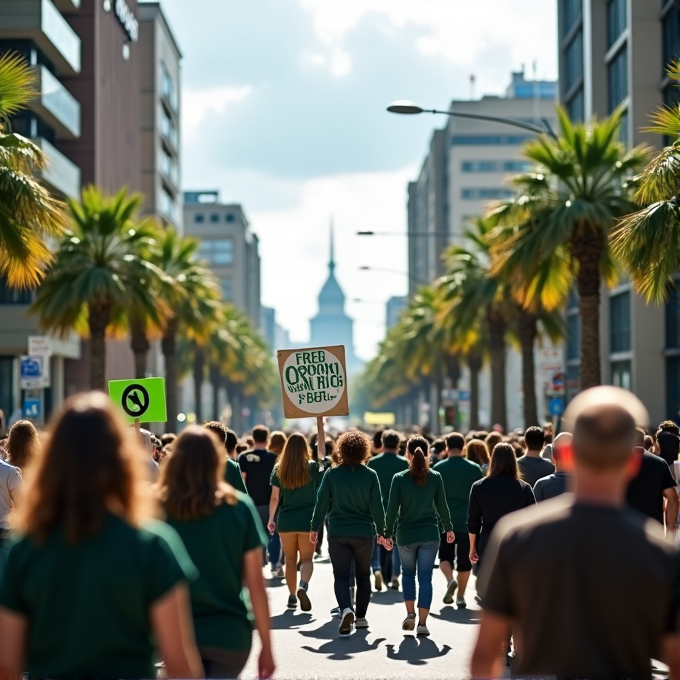 A group of people walk down a city street holding protest signs.