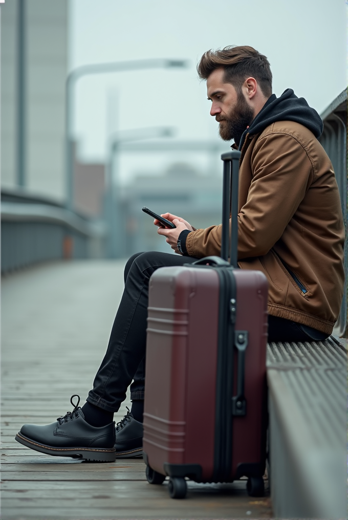 A man sits on a bench with a suitcase, using his smartphone.