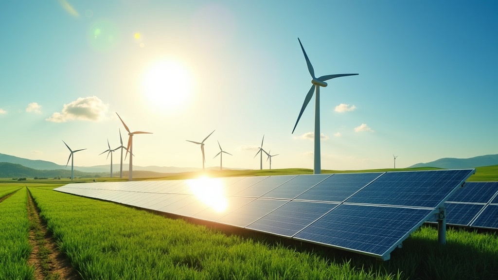 Show solar panels and wind turbines in a beautiful landscape. Bright sun shining above the Earth. Landscape filled with greenery and blue sky. Wind turbines turn gently in the background.