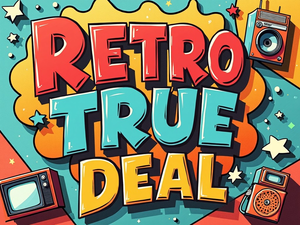 A vibrant design with bold, colorful text "Retro True Deal," surrounded by vintage elements like an old TV and radio, in a pop culture style.