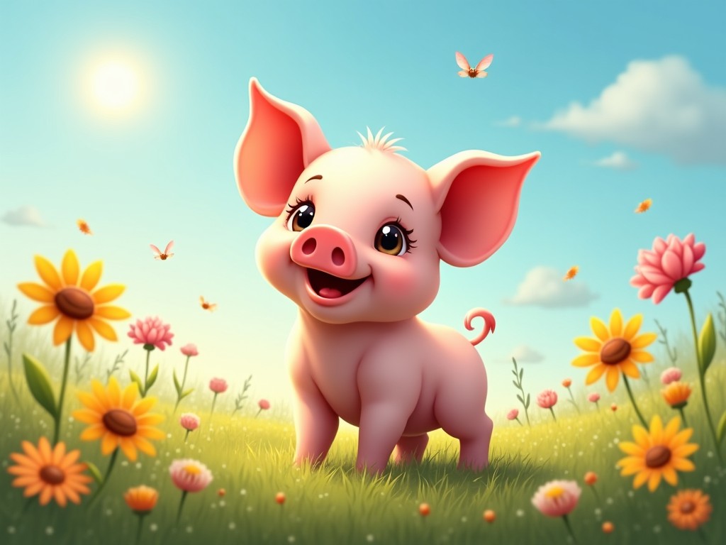 This image portrays a cute cartoon piglet standing amidst colorful flowers under a bright, sunny sky. The piglet has large, expressive eyes and a big smile, adding to its charming personality. Butterflies flutter around, enhancing the playful mood of the scene. The background features green grass and fluffy clouds, creating a cheerful atmosphere. Overall, the image is vibrant and inviting, perfect for children's media.