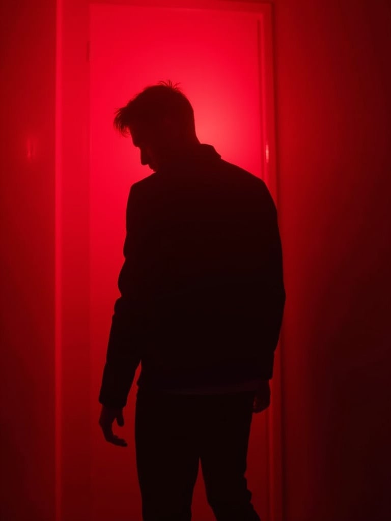 Mysterious silhouette of a jacked man in red lighting wearing dark clothing. Profile view against a red backdrop. Dimly lit doorway scene. Strong visual contrast and striking colors.