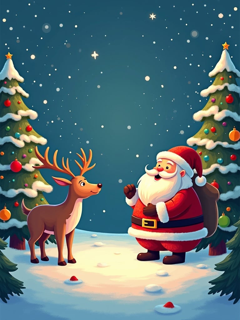 Christmas themed illustration featuring Santa Claus waving at a reindeer in a snowy landscape. Christmas trees are decorated nearby with ornaments. Warm lighting enhances the winter scene. Text included in the image states 'test'.