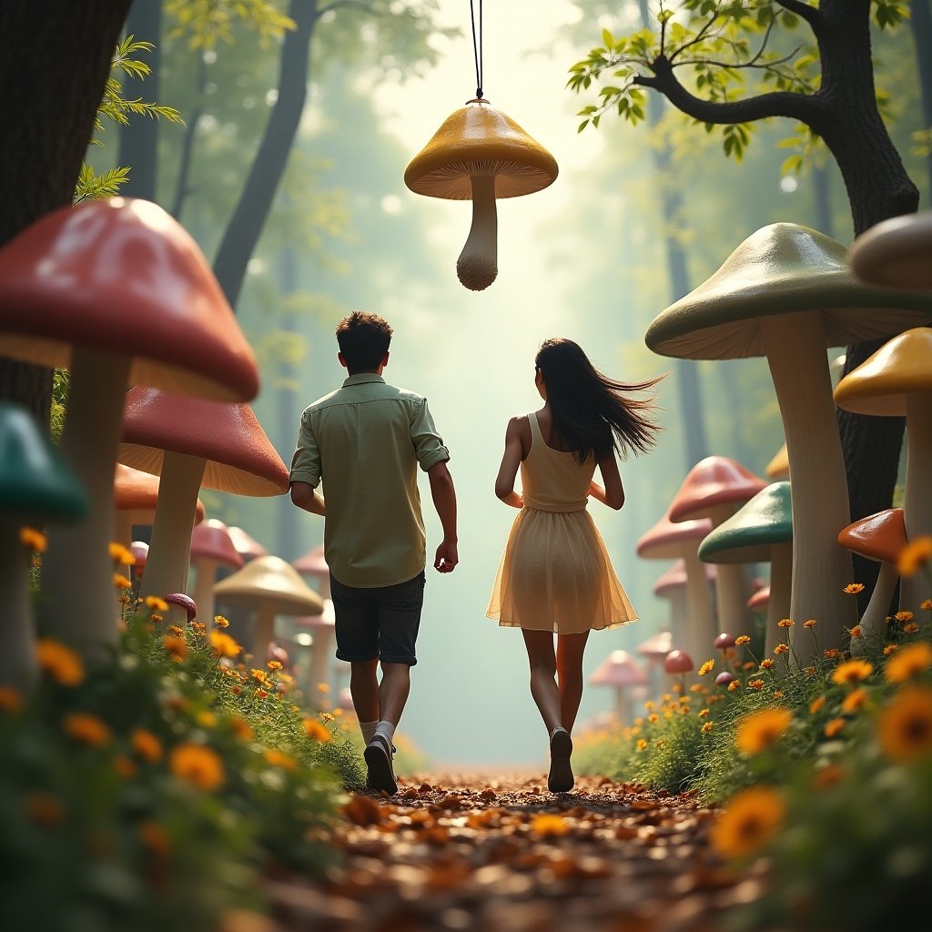 A couple with brown hair runs through a mystical mushroom forest. They chase a mushroom hanging on a string. The couple runs away from the camera. Trees surround them with colorful mushrooms along the path.