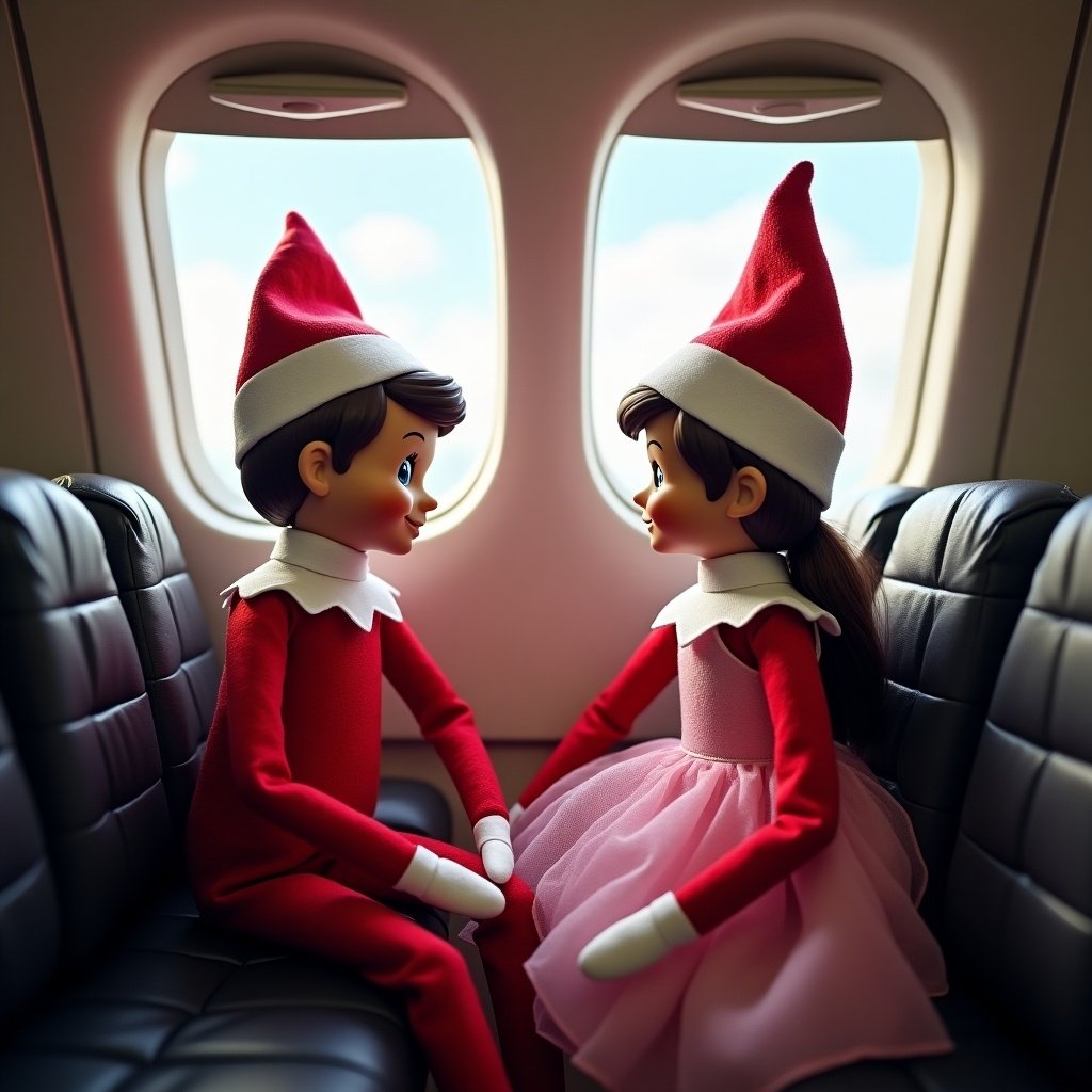 Two elves sitting on airplane seats. One is a boy in red outfit. The girl is in a pink dress. Airplane interior details are visible. Windows show blue sky.