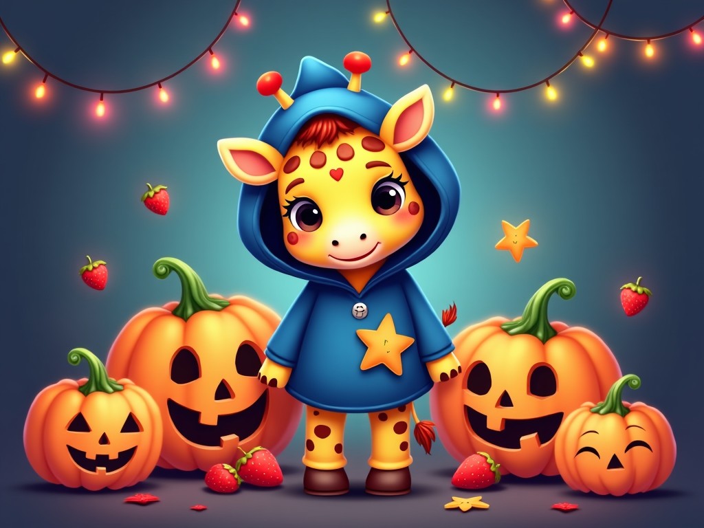 A cute giraffe character stands in front of playful carved pumpkins, wearing a blue hoodie adorned with a star. The giraffe has spots and a friendly expression, creating a whimsical look. Surrounding the giraffe are vibrant pumpkins with various facial expressions, set against a softly lit backdrop. Colorful lights add a festive touch, highlighting the Halloween theme. Strawberries are also featured around the pumpkins, enhancing the cheerful vibe of the scene.