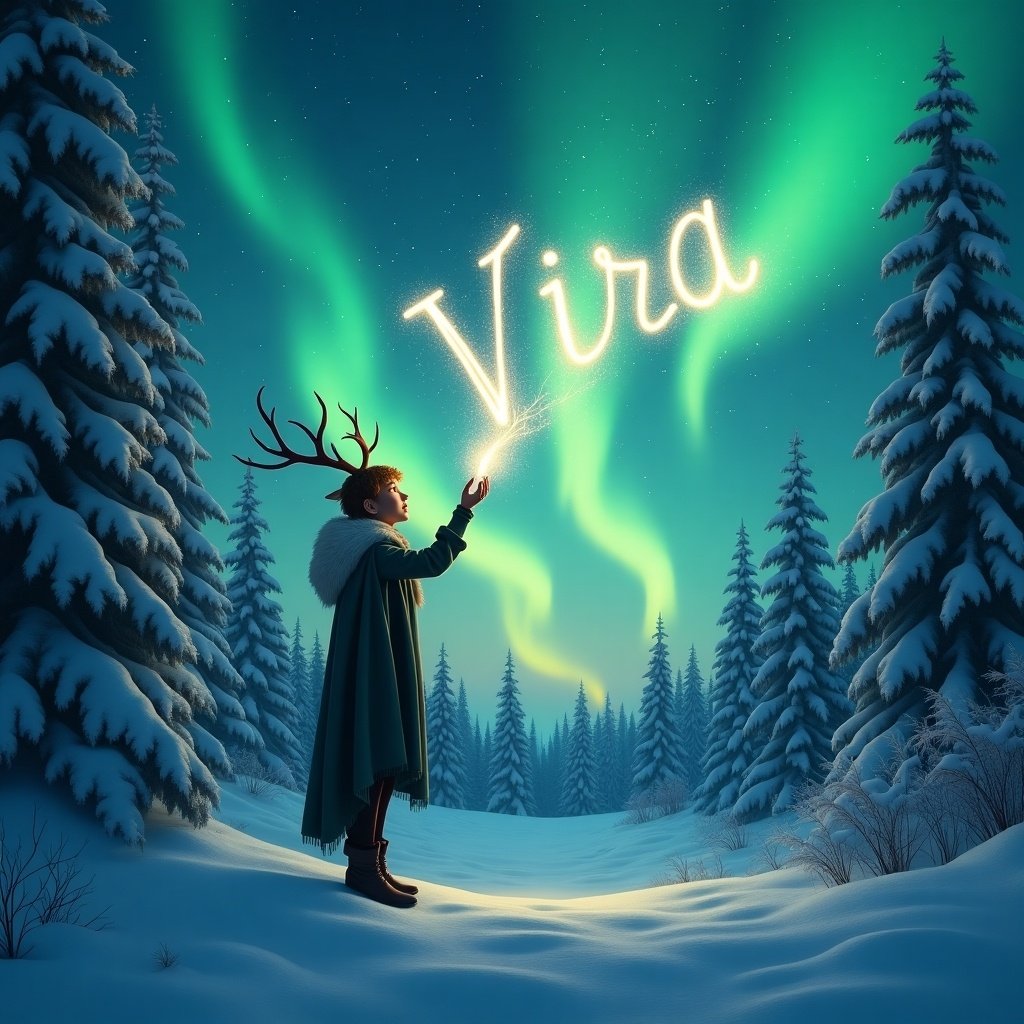 Serene winter landscape with snow-covered trees. Elf with antlers stands in awe under vibrant northern lights. Elf holds magic wand, writing 'Vira' in shimmering text. Mystical fairy tale scene.