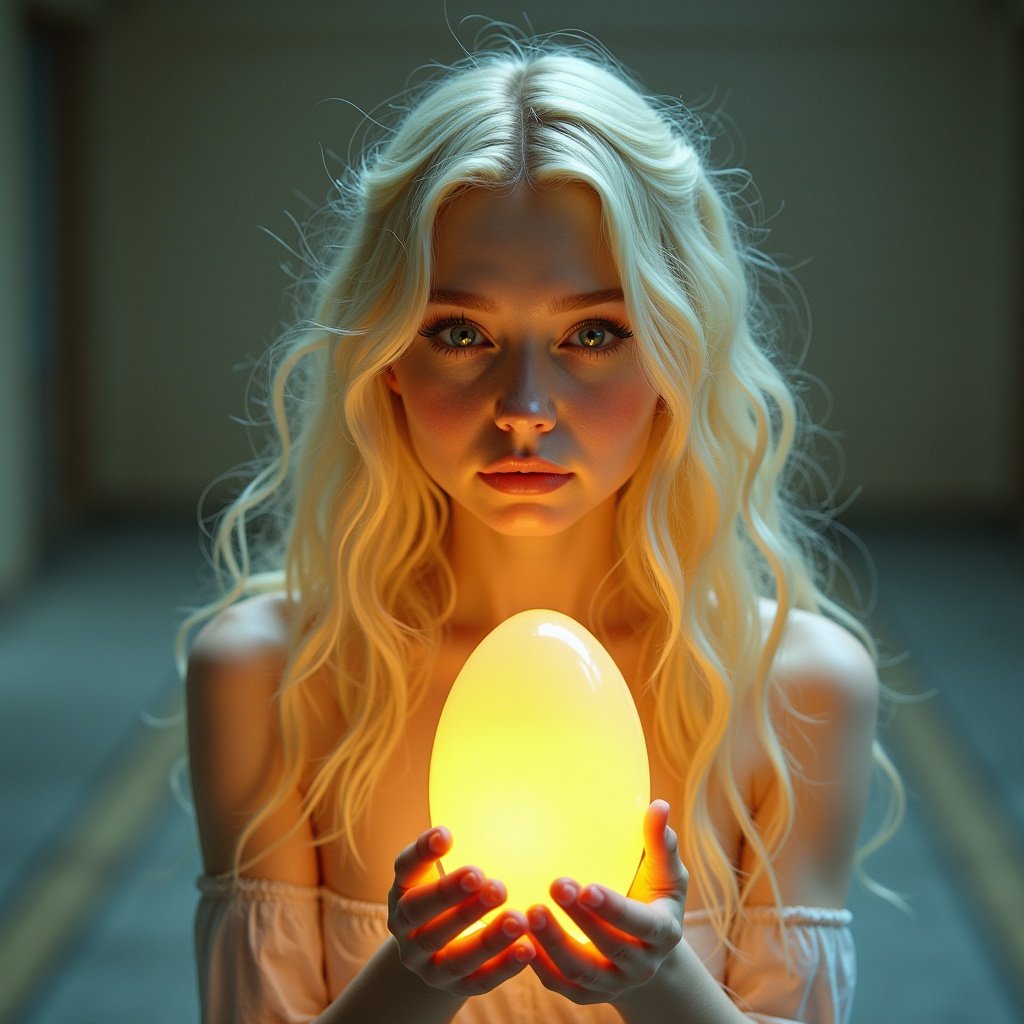 shy petite female student holding a glowing egg. Egg has magical powers to stop time within a radius. The setting is mystical and surreal.