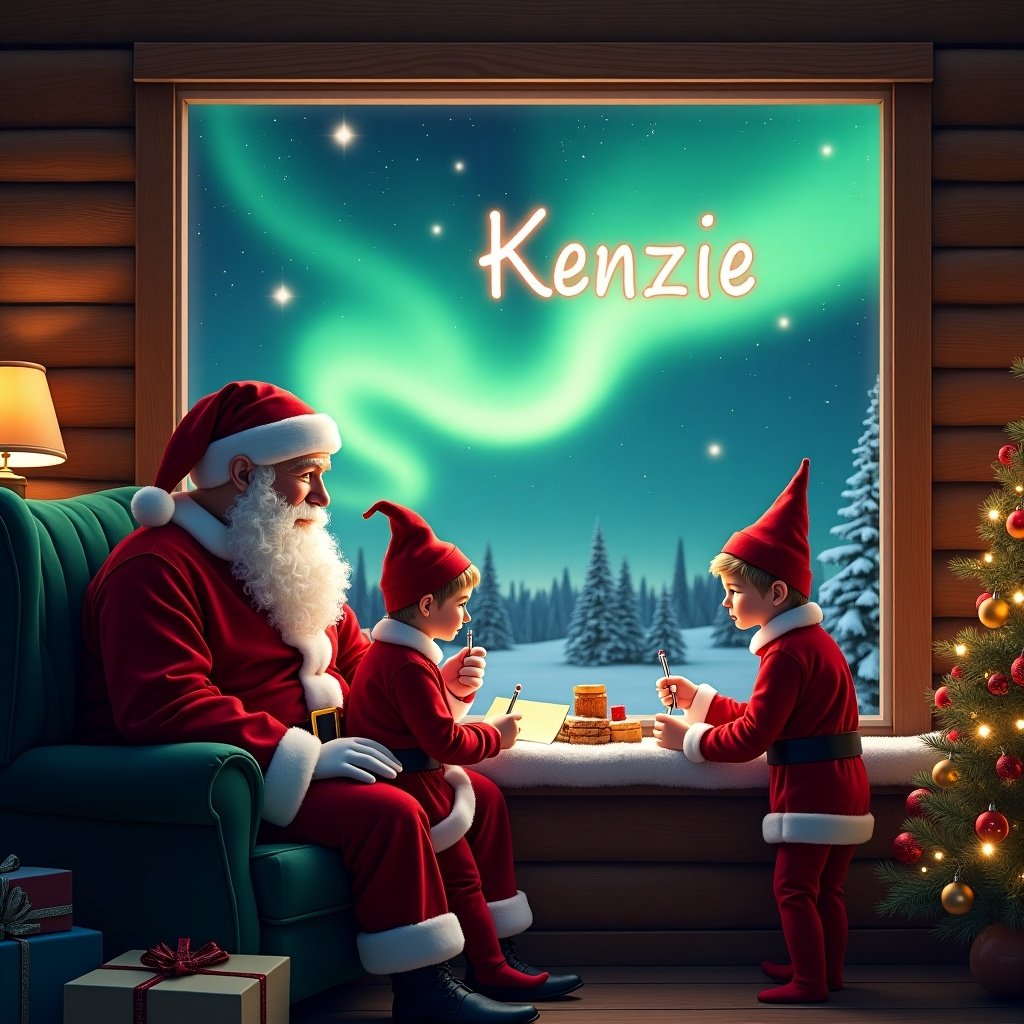 The image depicts a cozy cabin scene featuring Santa Claus with two elves by a window. They are inside the warm cabin, illuminated by soft lighting. Outside the window, the stunning northern lights create a magical backdrop. The trio is focused on writing notes, capturing the spirit of the upcoming holiday season. The name 'Kenzie' glows prominently in the night sky, adding a personal touch to the festive atmosphere. This scene encapsulates the warmth and excitement of Christmas celebrations.