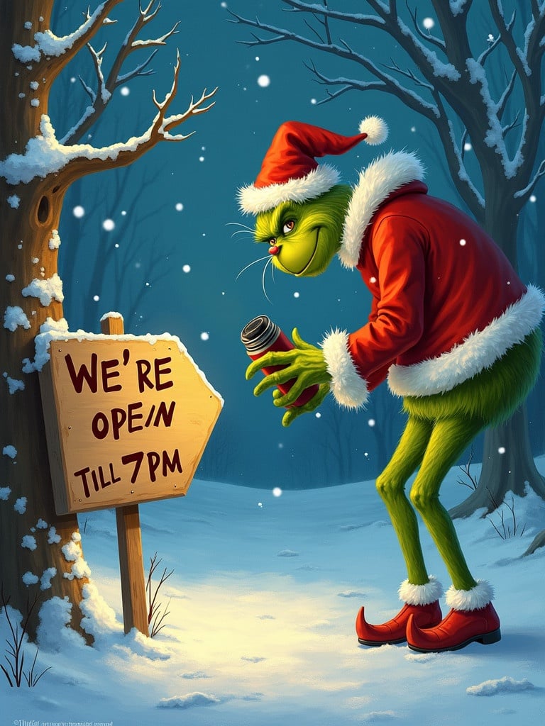 Grinch dressed in a Santa suit. Holding a sign that says we are open till 7pm. The scene is snowy with trees in the background. Soft glow of moonlight creates a festive atmosphere.