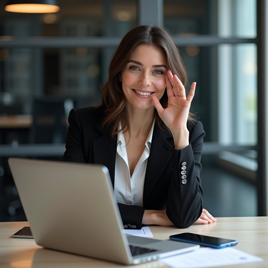 Woman sitting at a table with a laptop and a phone. She wears business clothes. Modern office backdrop. Woman has an oval face shape. Professional environment. Greeting gesture with one hand. Focus on her refined appearance.