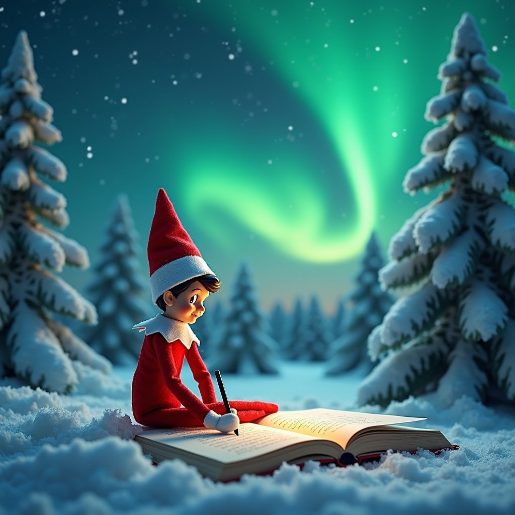 Elf on the shelf sits in snowy landscape writing a message in a large book under northern lights. The sky is a mix of greens and blues illuminating the winter scene. The elf is in a classic red outfit with a pointed hat. Snow-covered trees stand tall around. The scene captures Christmas spirit inviting viewers to join in holiday joy.