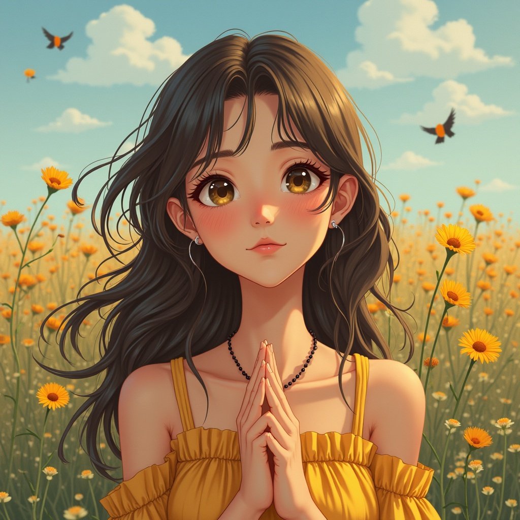 A girl with long hair and large eyes stands in a sunflower field. She is wearing a yellow top, has her hands clasped together, and looks serene.