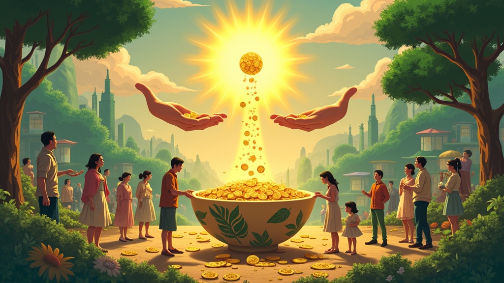 Symbolic Solarpunk scene in Studio Ghibli style. Gold coins flow from upper hands into a nature-inspired donation bowl. The scene is filled with golden light. A joyful community thrives around the bowl, sharing food and supporting each other. Lush greenery and sustainable architecture fill the background. The art style is whimsical and rich in detail.