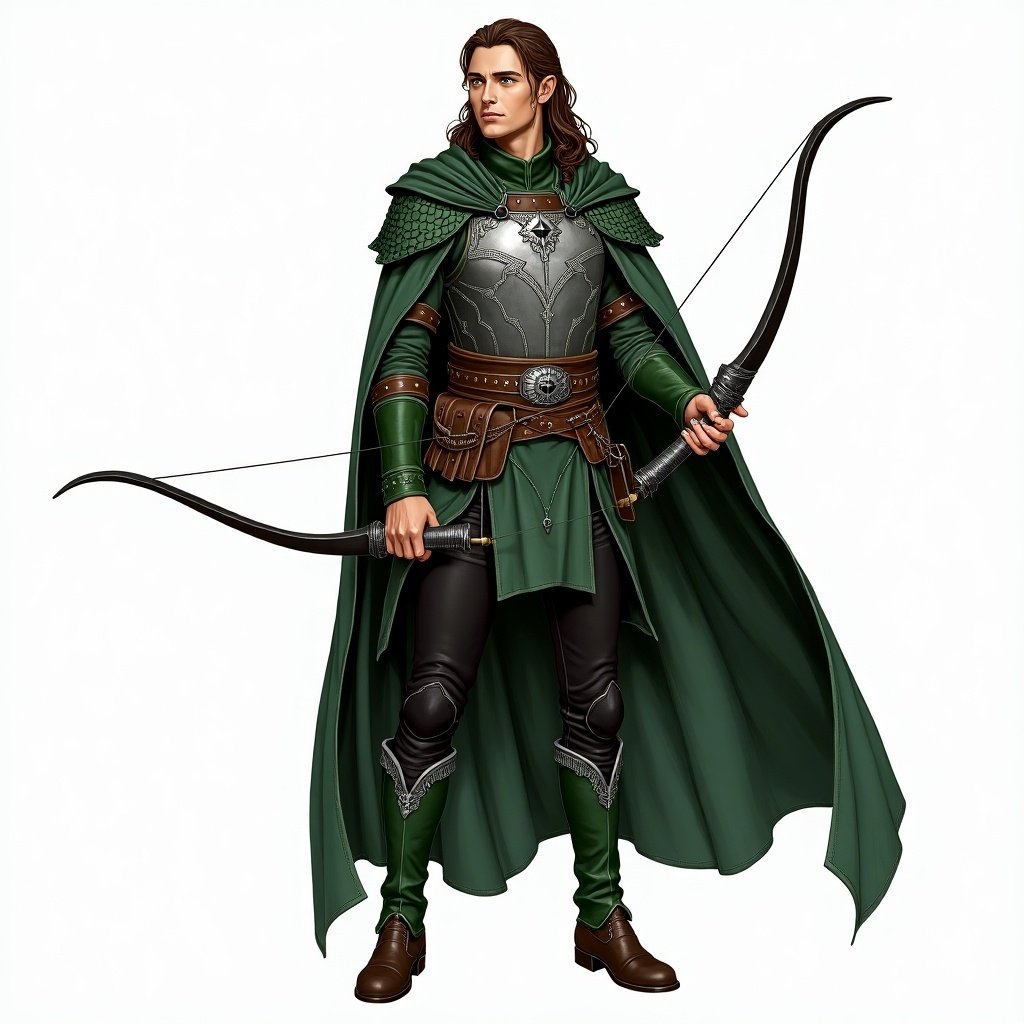 Character design features a ranger with long brown hair and green eyes. Fitted green tunic with silver embroidery covers a silver mithral breast plate. Black leather trousers reinforced at the knees. Green leather boots. Hooded cloak made of dark green dragon scales. Leather belt with pouches and a scabbard with a silver rapier. Bow is black and silver.