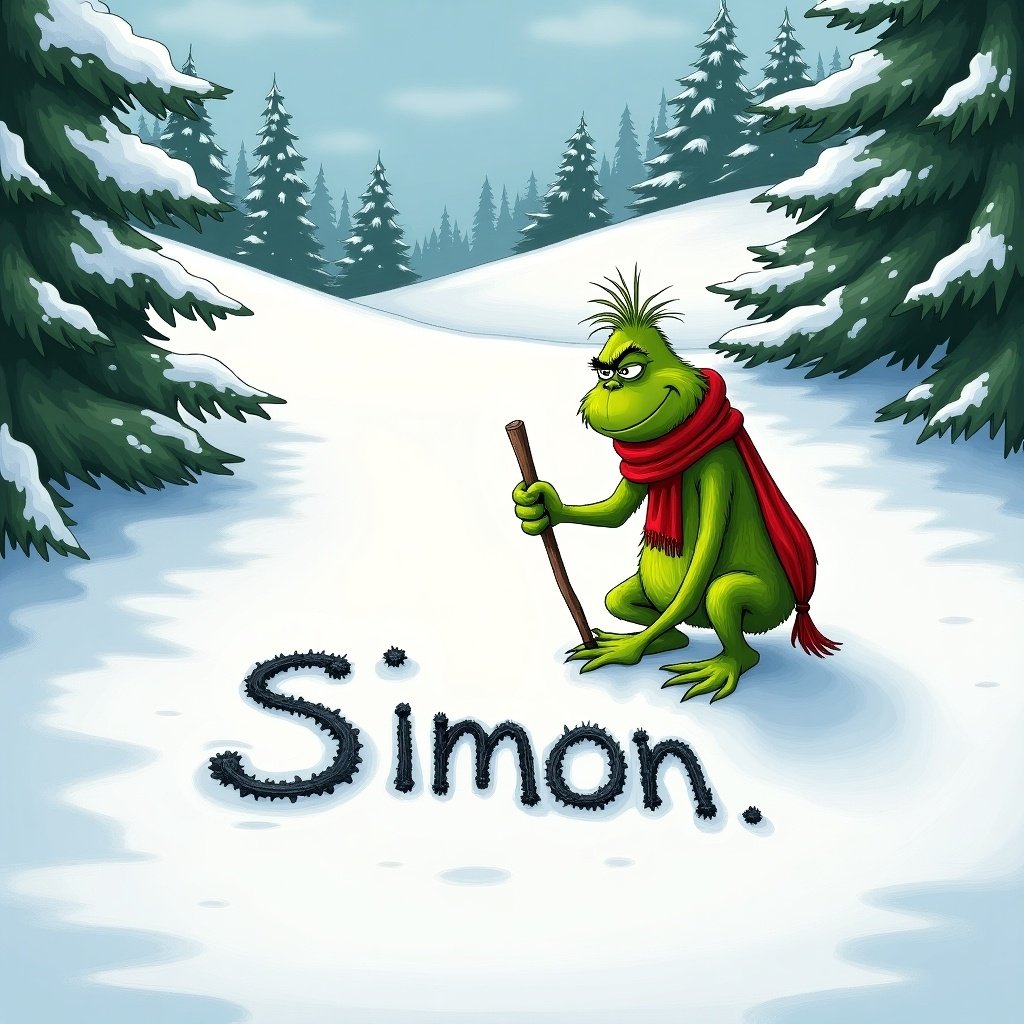 Grinch writes name Simon in snow with stick. Snow-covered hills around scene. Evergreen trees frame landscape. Grinch is green and wears red scarf.