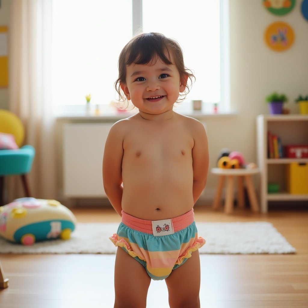 A child wearing a diaper stands with hands behind back in a bright room. Soft colors and a playful atmosphere create a joyful setting.