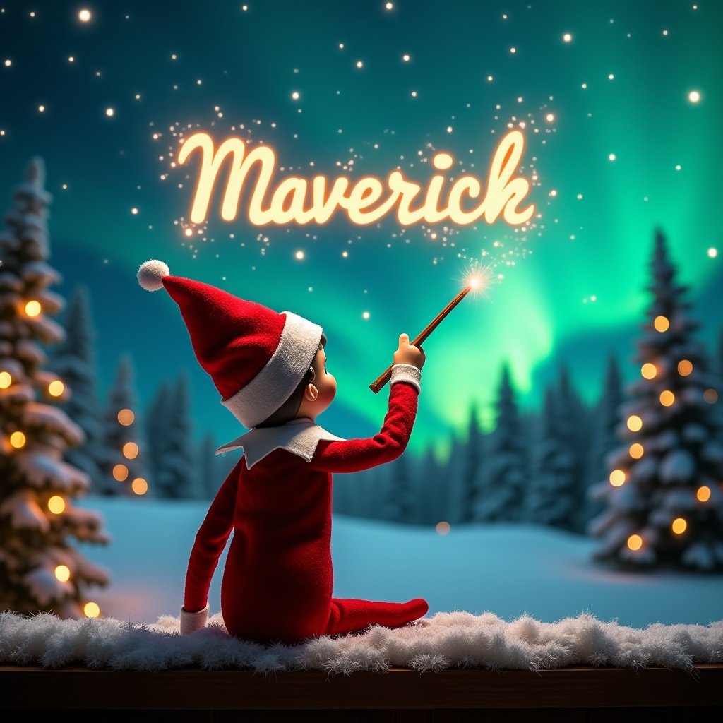 This enchanting Christmas scene features an elf on the shelf, who has their back turned to the viewer, gazing skyward. Clad in a classic red and white outfit, the elf is holding a sparkling magic wand that is creating the word 'Maverick' in glowing script in the night sky. The backdrop showcases a mesmerizing display of northern lights, infusing the night with vibrant colors. The entire scene is set in a winter wonderland with a cozy, festive ambiance. The combination of the elf's joyful expression and the magical surroundings evokes a sense of wonder, capturing the essence of Christmas cheer.