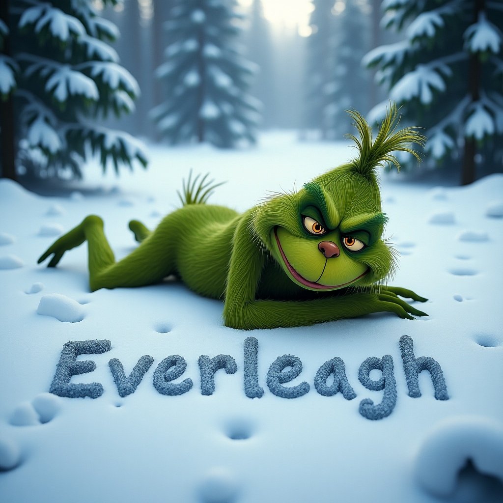 A winter scene features the Grinch laying on the floor in despair. The name Everleigh is written in the snow below him. The Grinch looks at the camera with a grin.