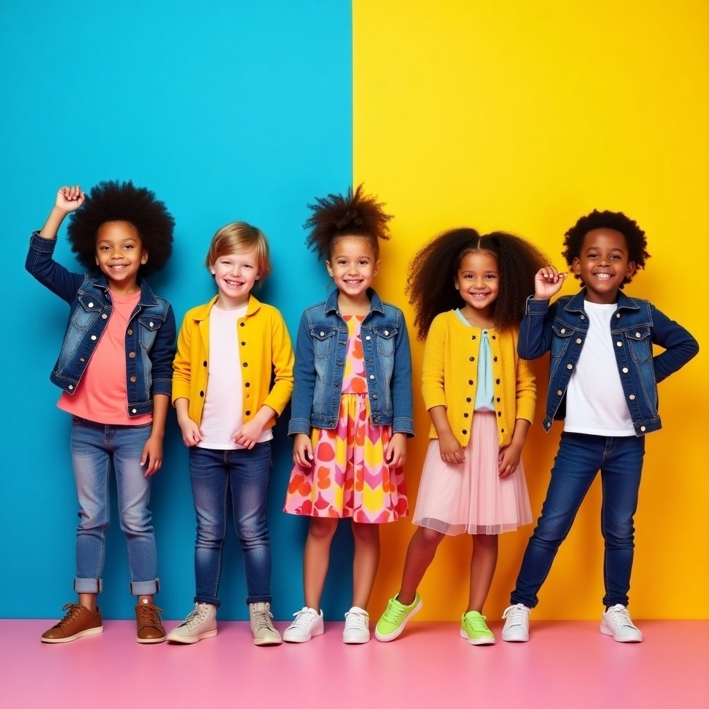 Group of six children showcase trendy outfits in a vibrant setting. Unique clothing items include denim jackets, colorful cardigans, and vibrant dresses. Scene is bright with blue, yellow, and pink backgrounds. Children's poses show confidence and joy in fashion.