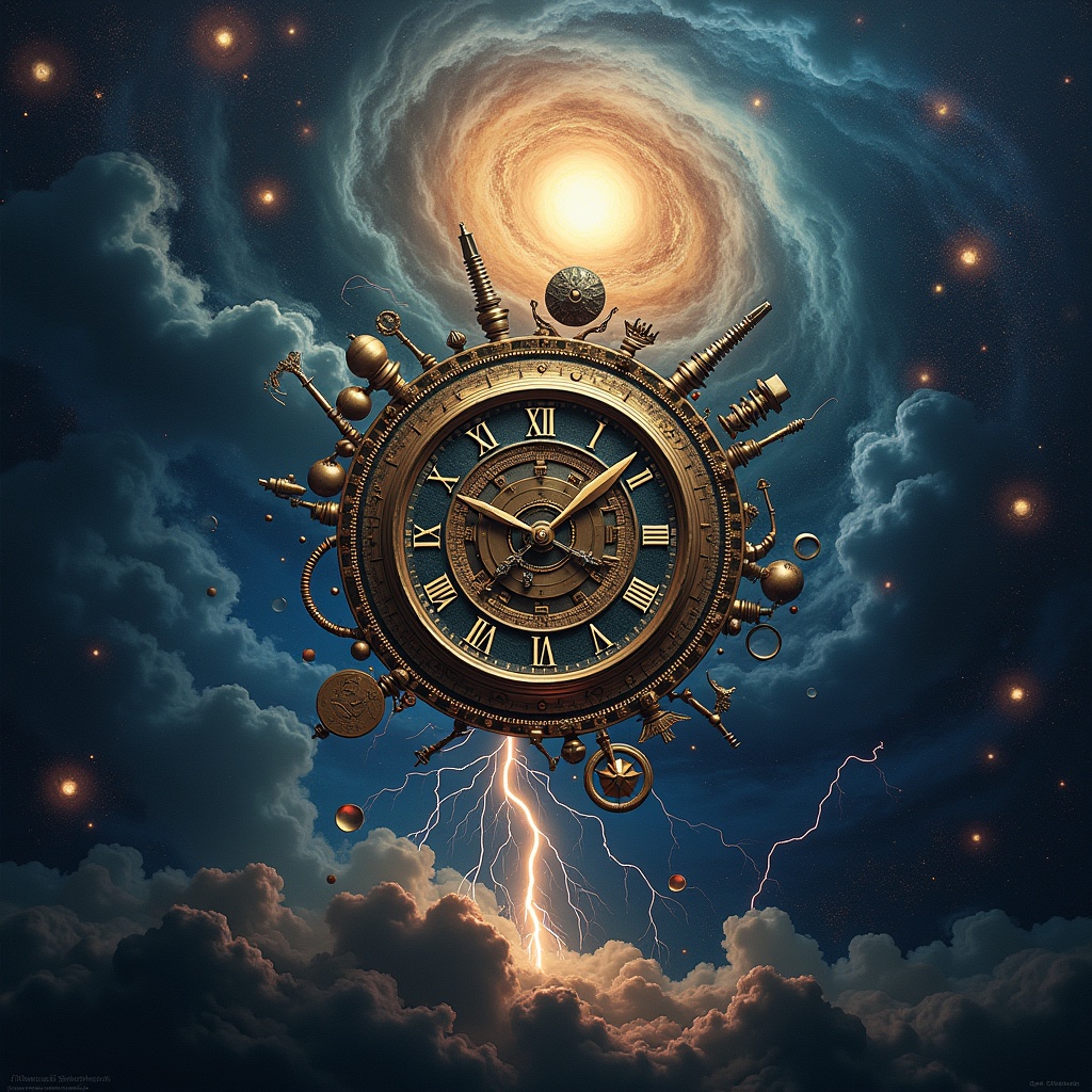 The image features an elaborate clockwork mechanism at its center, surrounded by cosmic elements. Floating in deep space, it includes cutlery and hourglasses interspersed with a whimsical tea service. Lightning strikes dramatically from the lower part of the composition, adding a dynamic element. The background is filled with swirling clouds and a glowing galaxy, depicting the grandeur of the universe. This abstract representation captures a sense of wonder and invites exploration of the intertwining themes of time and the cosmos.