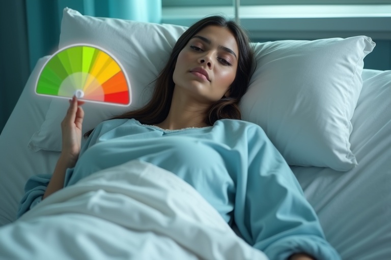 Wide angled shot of a beautiful woman patient lying in a hospital bed. Patient has a serious expression. She wears a hospital gown. Pain meter graphic hovers near her, transitioning from minimal pain to severe. Meter partially in yellow-orange range. Hospital room has soft lighting. Clean professional aesthetics with muted colors.