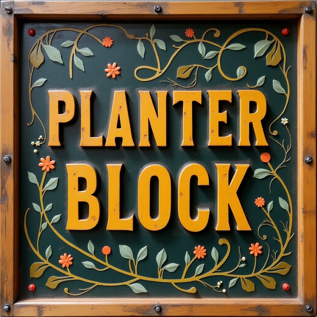 A wooden sign featuring the words 'Planter Block'. The sign displays 3D letters painted in yellow and nestled among vibrant green foliage and floral designs. The background is a rich green. The frame is made of wood and decorated with intricate carvings. The overall style reflects artistic influences, with a touch of vintage flair.