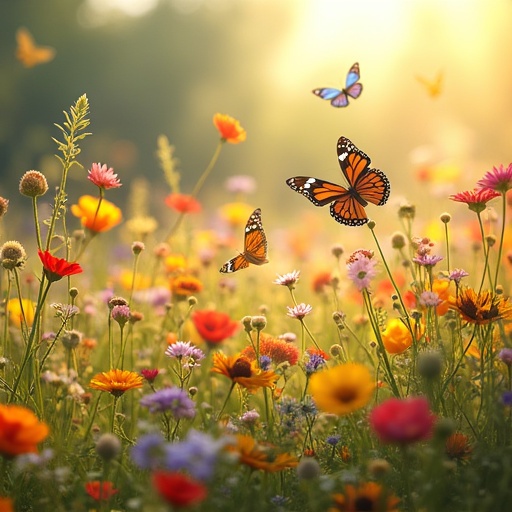 Vibrant wildflower field with colorful flowers in full bloom. Butterflies with blue orange yellow wings fluttering around. Scene captures warm sunlight creating dreamy atmosphere. Image focuses on flowers and butterflies with blurred background.