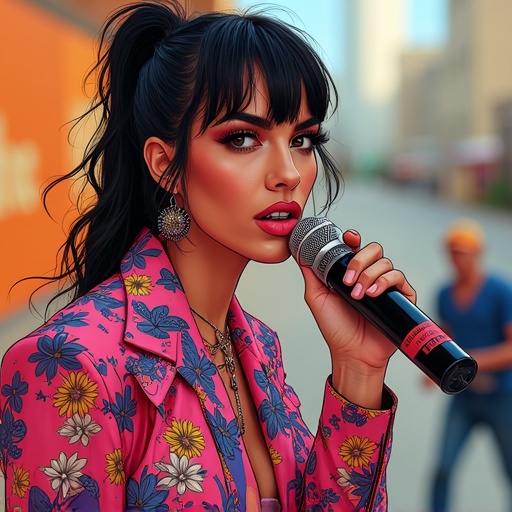 Woman in vibrant floral jacket holds microphone. Urban background with blurred figure. Hair styled in a ponytail. Glamorous makeup enhances features.