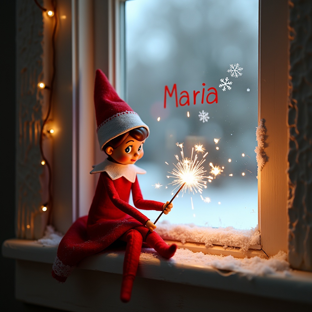 The image features a cute elf on the shelf, named Maria, sitting on a window ledge. Maria holds a sparkler, drawing attention with her cheerful expression. Outside the window, snow covers the ground, enhancing the wintery theme. The window is adorned with small lights, creating a warm and inviting atmosphere. The overall scene captures the essence of holiday joy and festivity, perfect for seasonal content.