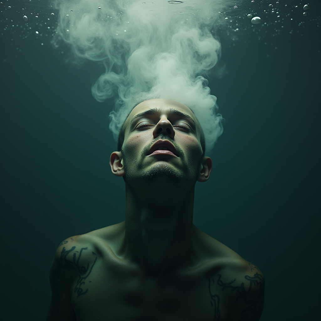 A man submerged in water with a mysterious, ethereal cloud of air or smoke rising above him.