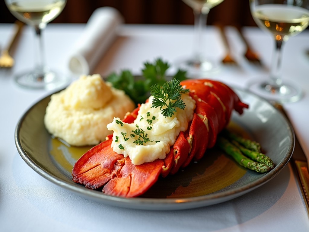 This image showcases a beautifully presented lobster Thermidor that is tastefully served. The lobster is garnished generously with herbs, including parsley and thyme. Alongside, there is a side of creamy mashed potatoes and roasted asparagus that complements the dish. A glass of chilled white wine can be seen in the background, adding to the luxurious dining atmosphere. The setting features white linen napkins and elegant gold-accented cutlery, amplifying the fine dining experience.