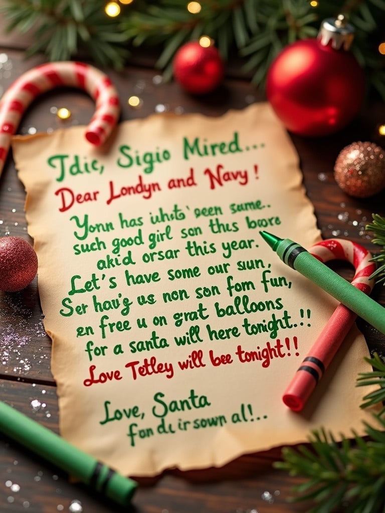 Santa's special letter on aged paper with green and red crayon handwriting. Decorated with Christmas ornaments and candy canes, letter written to Londyn and Navy about having fun and celebrating Christmas Eve. Magical essence surrounds the scene.