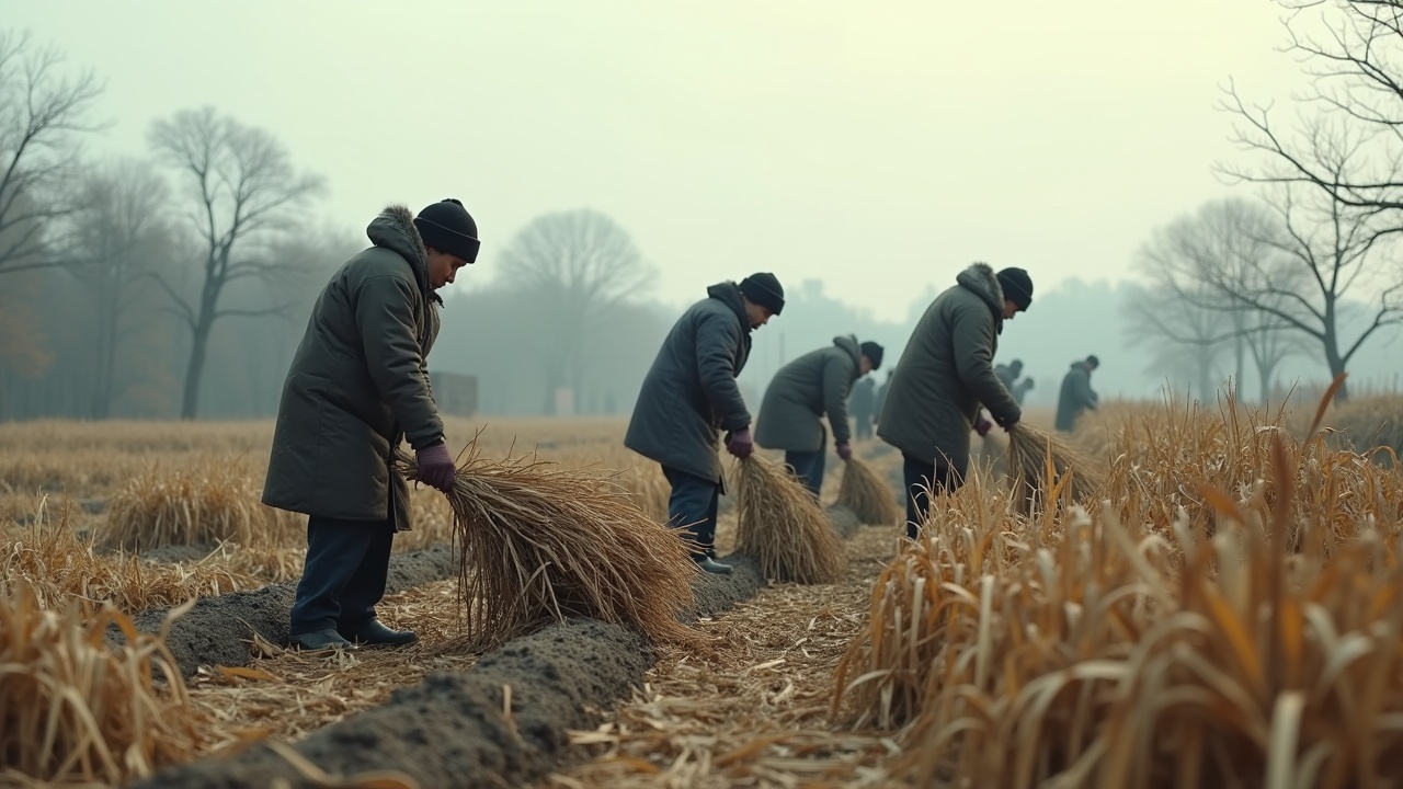 The scene depicts a traditional farming scenario at the onset of winter. Several farmers, dressed in thick clothing suitable for the cold, are engaged in the final harvest of the season. The fields show remnants of crop harvests, along with signs of the first frost. The trees in the background are mainly bare, revealing their branches in the cool air. The sky reflects the distinctive tones of winter, contributing to the tranquil yet industrious vibe of the scene. The overall atmosphere conveys the transition into winter and signifies the conclusion of the farming year.