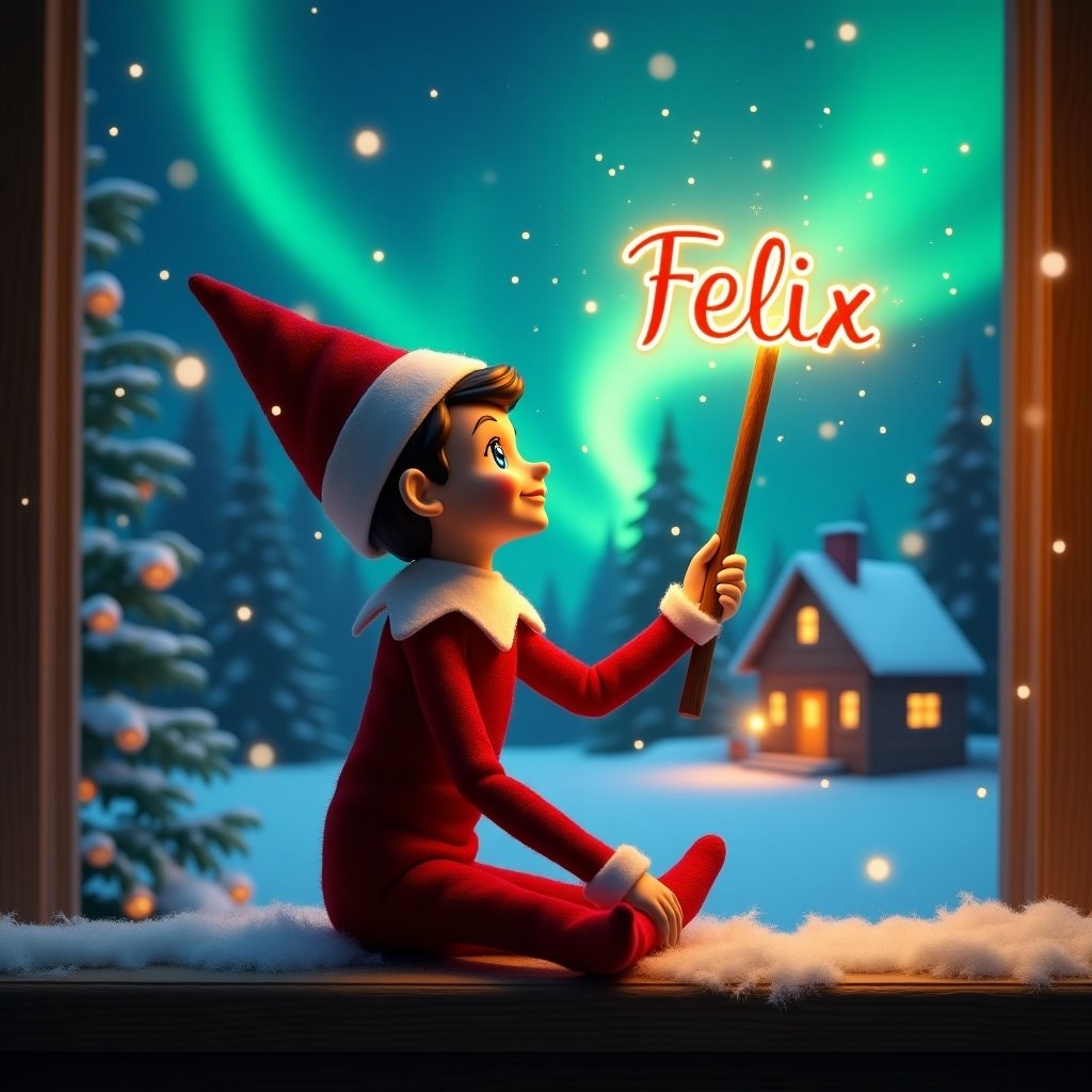 Elf sits on a window sill with back to viewer. Elf gazes up while holding a glowing wand. Colorful northern lights in sky. Cozy house in distance. Ground covered in snow. Elf embodies magic and wonder of Christmas. The name ‘Felix’ appears in the air from wand.