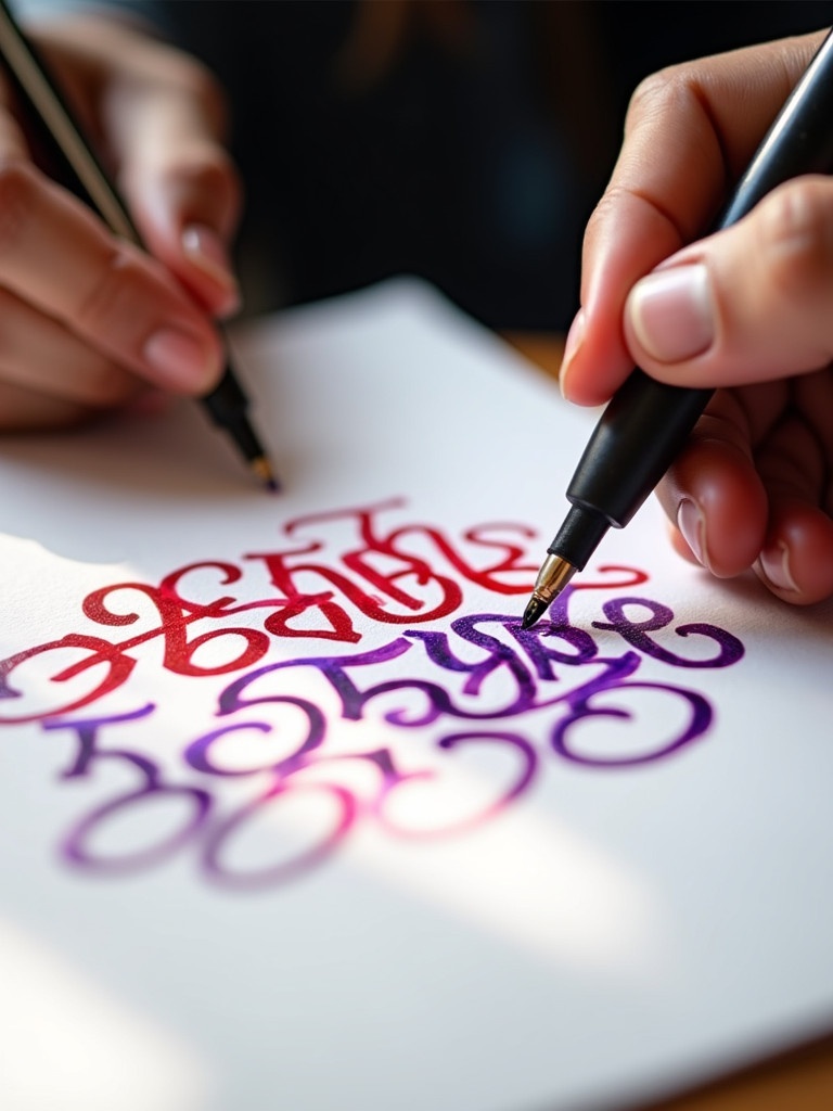 Image shows a person crafting Malayalam calligraphy. Bold ink in rich purple and red on white paper. Hand holding pen focuses on intricate details. Natural light enhances creativity in calligraphy.