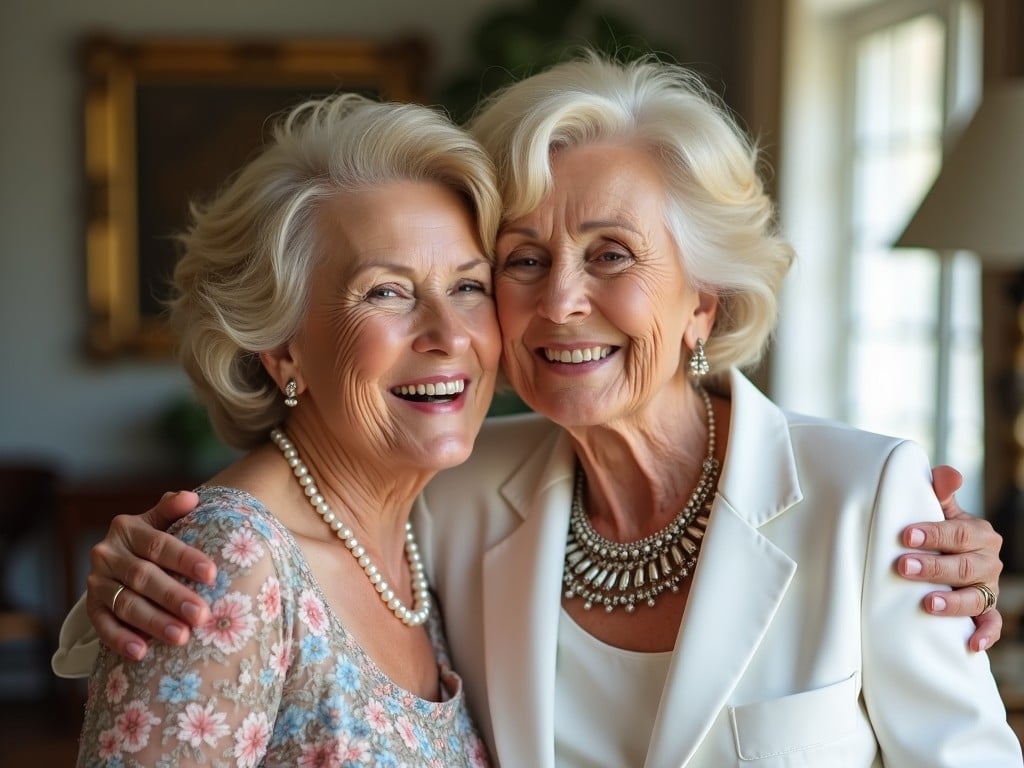 The image features two elegantly dressed older women sharing a moment of warmth and closeness. The woman on the left wears a floral dress with pearls, while the one on the right is dressed in a white blazer with a statement necklace. Their expressions are joyful, suggesting a deep friendship or familial bond. This moment is highlighted by their gentle embrace in a softly lit interior space. The background adds to the cozy atmosphere, making the scene feel inviting and special.