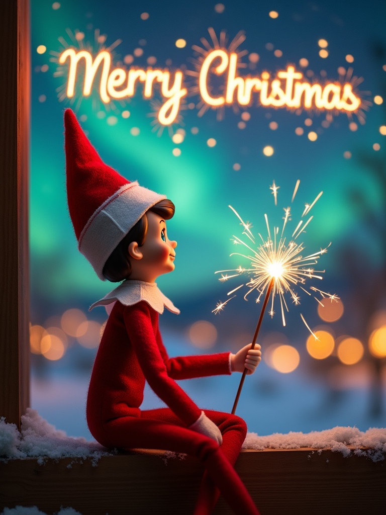 Enchanting Christmas scene featuring elf on the shelf with magic wand. Elf dressed in red and white sits facing up. Background shows vibrant northern lights. Sparkler writes Merry Christmas above. Captures spirit of Christmas with whimsical twist.