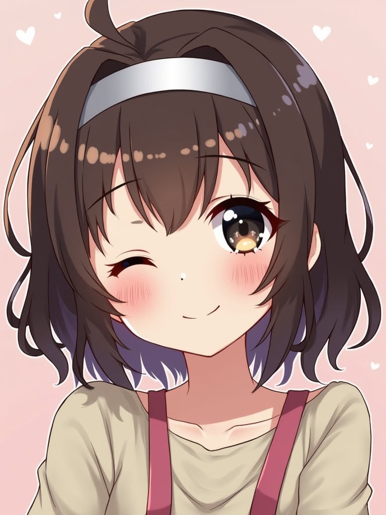 Cute anime girl with dark brown hair and black eyes. She wears a silver headband. Character displays a happy expression against a soft pastel background.