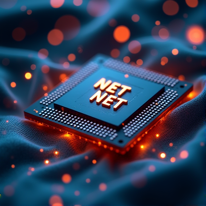 A microchip with the words 'NET NET' is highlighted against a textured, glowing background, surrounded by orange bokeh lights.