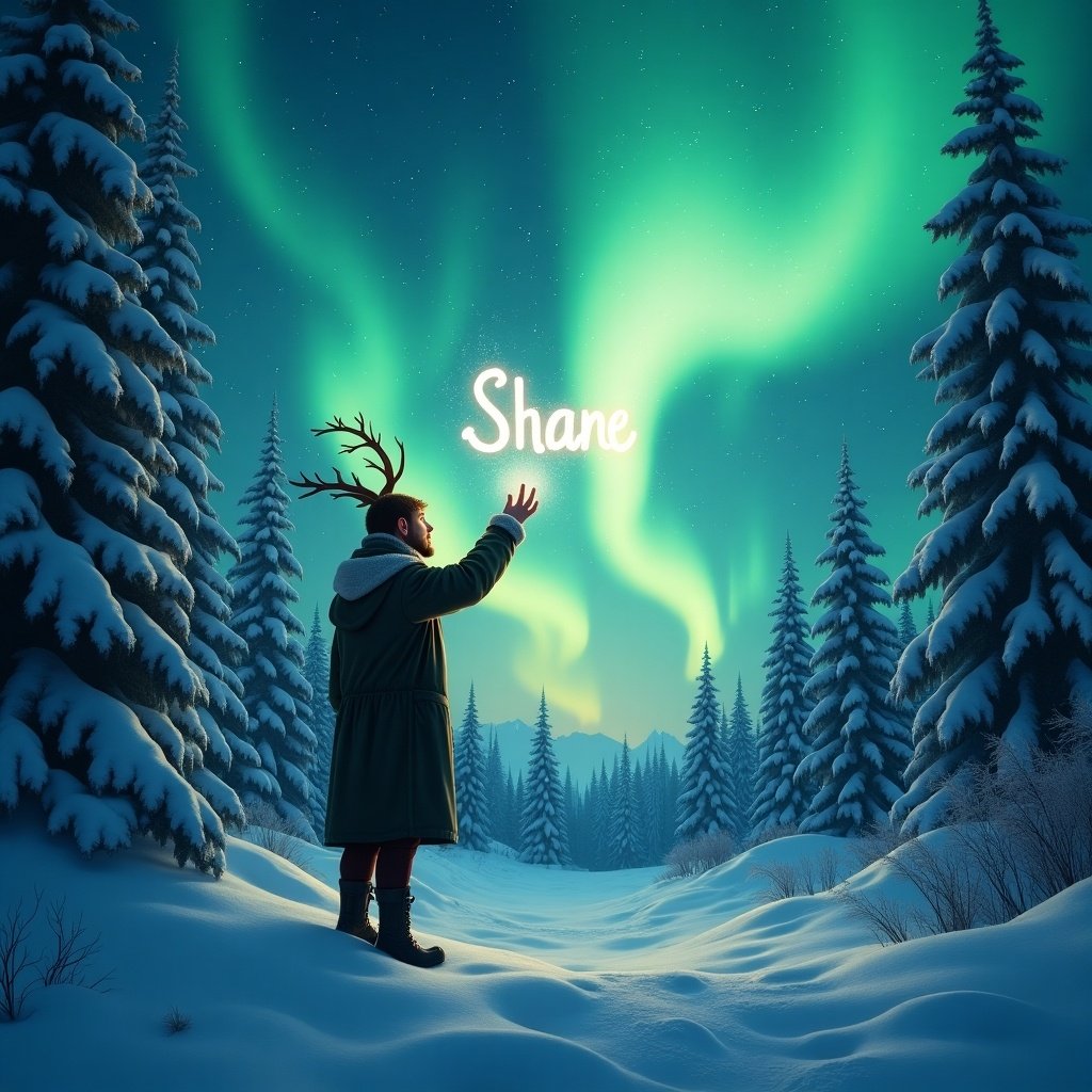 A mystical scene with an elf in a snow-covered forest. The northern lights illuminate the sky in green and blue. The elf has antlers and gazes in awe. Surrounded by snow-laden trees. The elf uses a magic wand to write 'Shane' in the air.