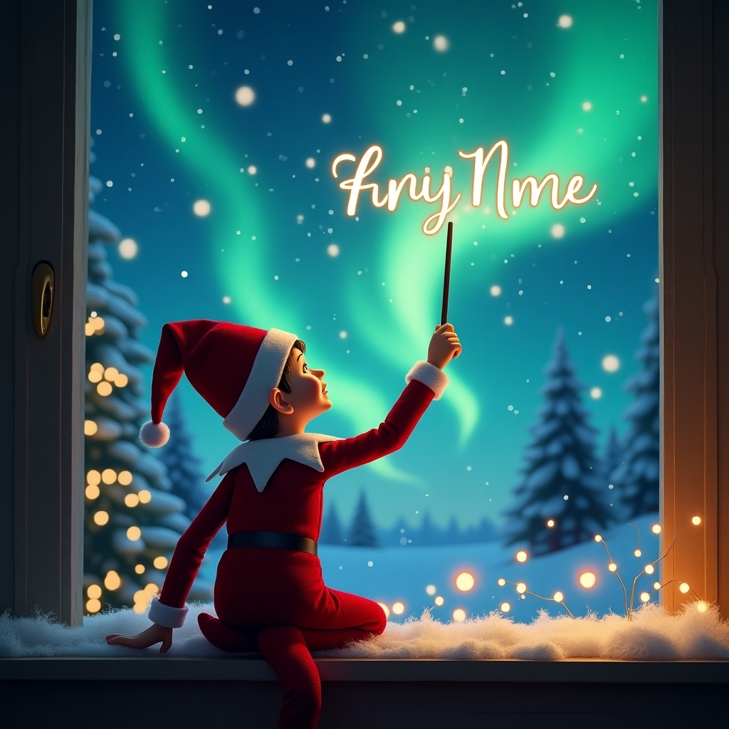 This image features an elf on the shelf, positioned with its back to the viewer. The elf is facing the sky, using a wand to write a child's name in a beautiful script. The background is a magical Christmas setting with vibrant northern lights illuminating the night sky. Snow-covered trees are visible outside the window, creating a cozy winter atmosphere. Soft, warm lights can be seen twinkling, enhancing the festive mood.