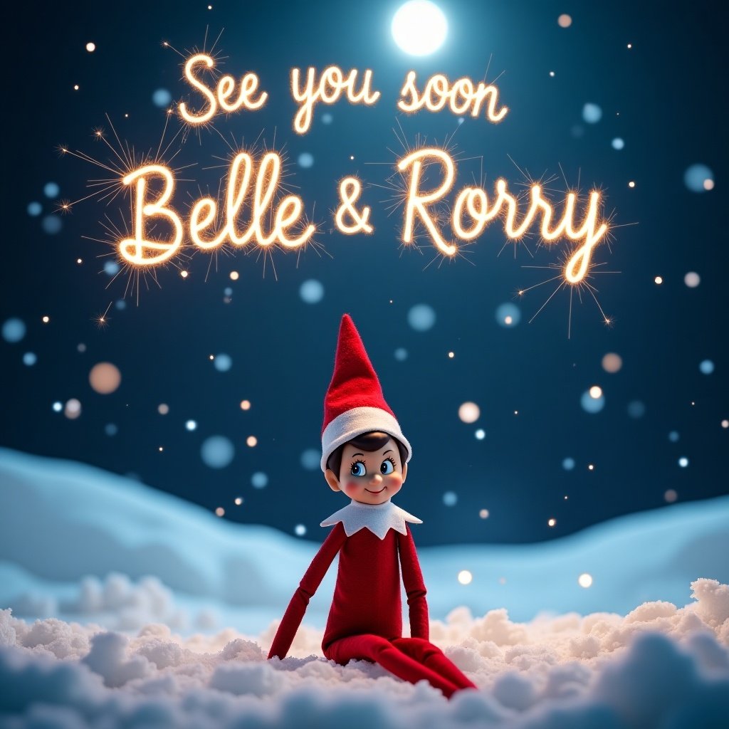 The image features an Elf on the Shelf character sitting in a snowy landscape at night. It is surrounded by fluffy white snow, creating a winter wonderland effect. Above the elf, the phrase 'See you soon Belle & Rorry' is beautifully written as if made from sparklers, illuminating the night sky. The color palette includes vibrant reds and whites, enhancing the festive mood. The scene conveys a sense of joy and anticipation for the Christmas season.