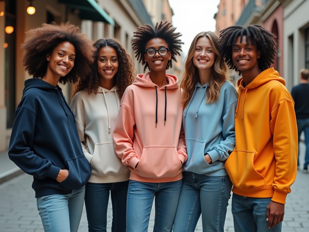 A group of five young individuals stands together on a stylish street, showcasing the latest trends in hoodies and t-shirts. They all wear cozy, colorful hoodies in various shades, reflecting the comfort and style of modern casual fashion. The atmosphere is lively, with charming buildings lining the street and a sense of camaraderie among the group. This scene captures the essence of youthful fashion, where comfort meets trendy design. Their expressions are joyful, conveying a sense of belonging and enjoyment in their outfits.